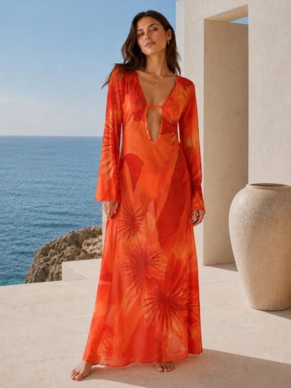 NWT Caroline Constas Women's Orange Floral Long-Sleeve Swim Cover-Up Dress